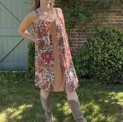 Vintage 1970s Size XL 14-16 Red Brown Boho Button Strappy Towelling Dress