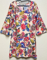 White Mark Beige Multicolor Floral Shift Dress Scoop Neck 3/4 Bell Sleeve L