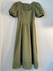 Anthropologie Moon River Olive Puff Sleeve Corset Midi Dress Cotton Smocked Sz M