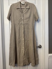Eddie Bauer 100% Linen Button Front Dress Women’s M Petite Beige Short Sleeve