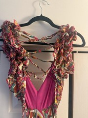 Women’s Multicolor Floral V-Neck Backless Maxi Dress Ruffle Straps One Size