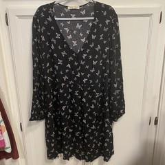 Rewind Womens Black dress butterfly print midi long sleeve size 2X