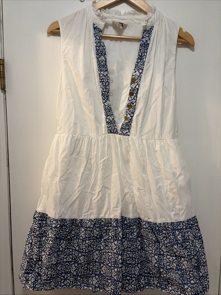 Mon Coco Ruffle Shirt Dress Tiered Split Neck Romantic Beachy Blue & White S