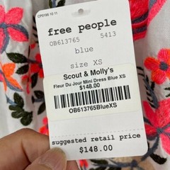 NWT Free People Fleur Du Jour Light Blue Embroidered OTS Mini Dress Women&rsquo;s XS