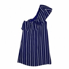 Everly One Shoulder Dress M Blue White Stripe Ruffle Coastal Nautical Summer