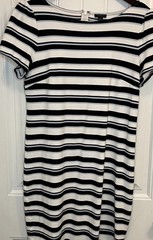 Anne Taylor Factory Dress Large White Black Blue Stripes Short Sleeve Back Zip