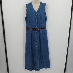 Gloria Vanderbilt Women Medium Cotton Blue Denim Jean V Neck Button Dress Belted