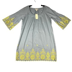 Vertigo Paris Slate Blue Cotton Embroidered Bell Sleeve Tunic Dress Large