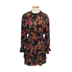 Ophelia Roe Boho Mini Dress Floral Tie Waist Long Sleeve Black Pink L