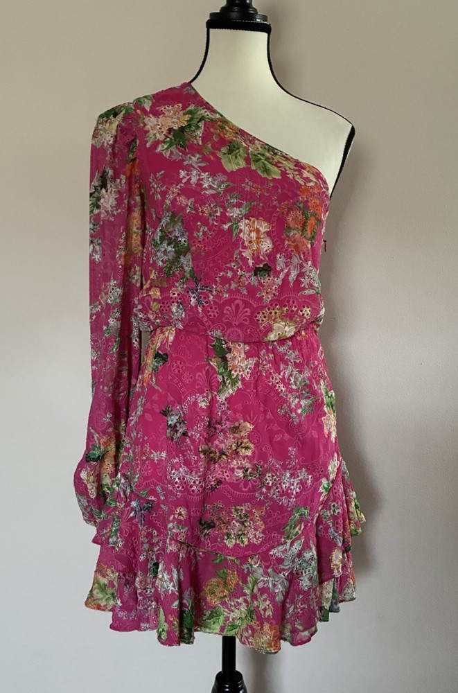 Hemant & Nandita Pink Floral One Shoulder Mini Dress Ruffle Embroidered XS
