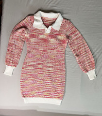 Women’s Pink White Space Dye Knit Collared Mini Sweater Dress S Long Sleeve