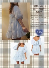 Hello Molly Blue Solid Mini Dress Square Neck Puff 3/4 Sleeve Smocked S