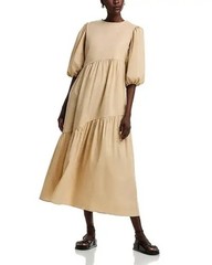 275$ THE LULO PROJECT Pleated Armenia Midi Dress 3/4 Sleeve Size S Camel Brown