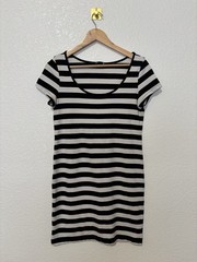 H&M Basic Womens Large Black White Striped Scoop Neck Bodycon T Shirt Dress