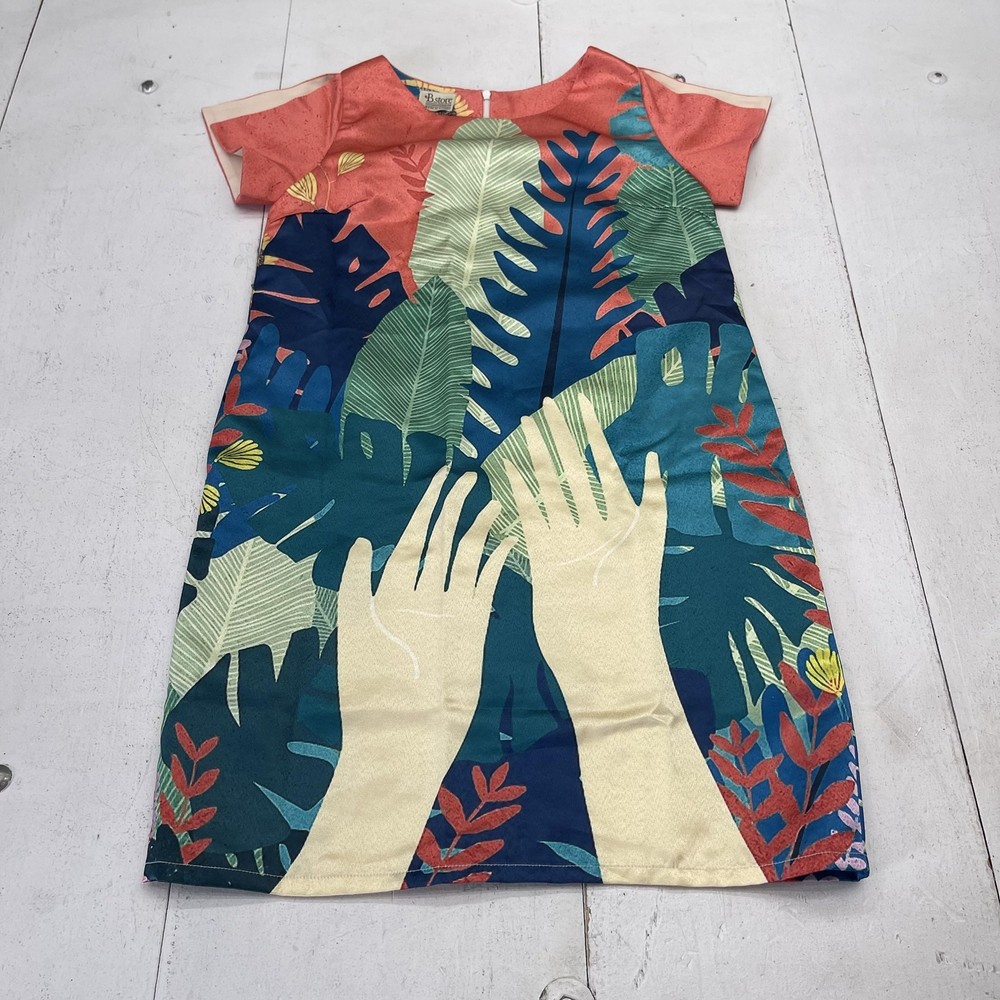 B.store Dress Womens S Multicolor Tropical Graphic Satin Short Sleeve Shift