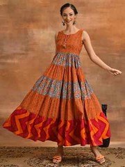Orange & Grey Floral Print Flared Maxi Dress, Women Indian Layered Long Kurta