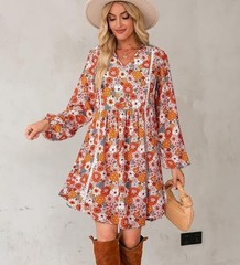 Dokotoo Small Floral Boho Mini Dress Long Sleeves Lace Trim Retro Cottage Core