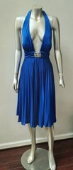 PLUNGING V NECK VTG 80s RHINESTONES BROOCH HALTER ACCORDION PLEATS PARTY DRESS 8