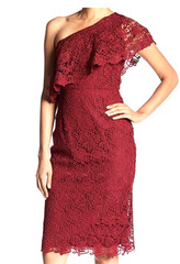 Nanette Lepore Lace One Shoulder Midi Dress sz.14 Red Burgundy Cranberry NWOT