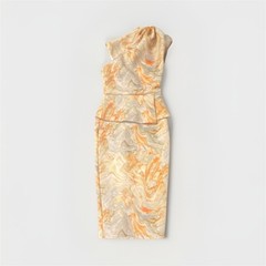 Multicolor Marble Print Sheath Dress One Shoulder Pleated Knee Length Women