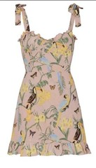 REFORMATION Toucan Bird Print Tie Shoulder Smocked Mini Dress Sz 10