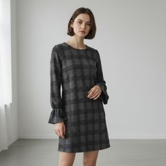 Everly Gray Check Plaid Long Sleeve Shift Dress S Fall Winter Office Chic USA