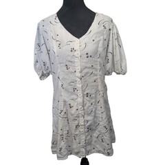 Sera White Floral Button Down Puff Sleeve Mini Dress Cottagecore Romantic Size M