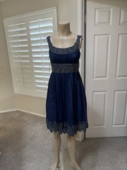 ADRIANNA PAPELL Blue Silk Heavy Scalloped Beaded Fit & Flare Tulle Skirt Dress 4