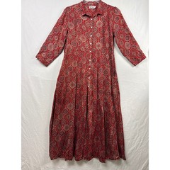 Fabindia Maxi Dress Womens Large Red Block Print Medallion Button Front Pockets