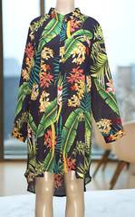 Papillon Dress Tunic Long Sleeve Tropical Print Multicolor Navy Sheer Size XL