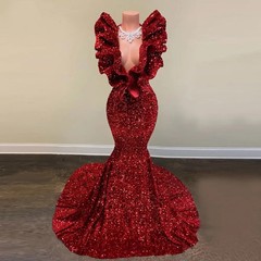Sparkly Evening Dresses Deep V-neck Mermaid Ruffles Burgundy Sequin Prom Gowns