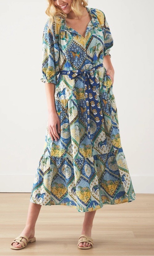 Printfresh High Horse Devon Dress Blue Multi Size M Rare Equestrian Cotton Dress
