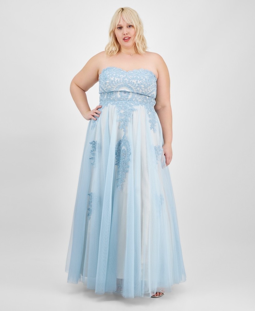 Say Yes Trendy Plus Size Strapless Embellished Gown 14W Pale Sky/Soft Peach