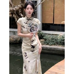 Women&rsquo;s Big Size Chinese Style Floral Printed Collared Qipao Dress Cheongsam