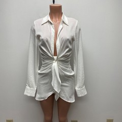 Choosy White Tie Front Deep Open Neck Micro Mini Dress Coverup Size 2 Flawed