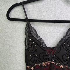 Y2K Ever Pretty Black Sequin Red Lace Asymmetric Tiered Dress Floral Fairy SZ 8