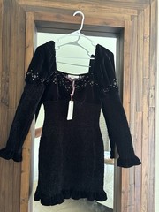LoveShackFancy Black Velvet Smocked Lined Square Neck Puff Mini Dress xs