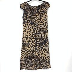 DKNY Cap Sleeve Shift Dress Womens Size 4 Leopard Animal Print Tan Black Silk