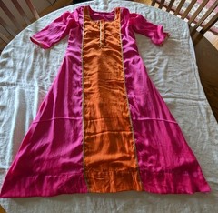 Size 40 M Hot Pink & Orange Colorblock Silk Kurta Dress with Gold Lace Gota Trim