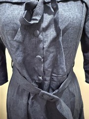 Elegant Blue Knee-Length Dress with Fabric Belt, Bow Tie Neckline, and Button-Up