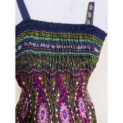 Boho Peacock Feather Print Smocked Maxi Dress Navy Purple Festival Casual M