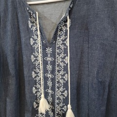 Womens Shirt Dress Large Chambray Bohemian Cottage Blue Hippie Cowgirl Western