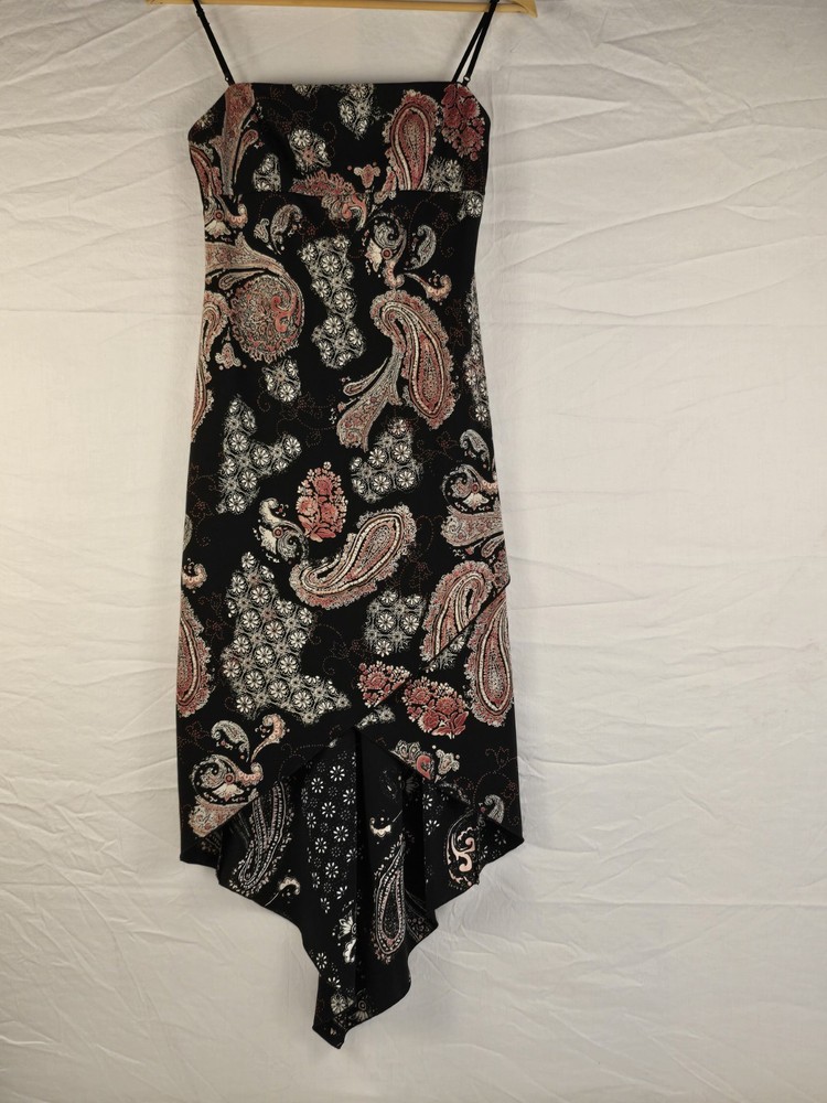 City Triangles Paisley Satin Slip Midi Dress M Black Pink White Spaghetti