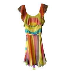 Alice + Olivia Vibrant Multicolor Rainbow Ruffle Dress 100% Silk MSRP $440