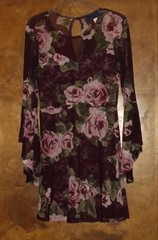 Francescas&rsquo; Blue Rain Floral Mesh Overlay Bell Sleeve Dress, Sz S Burgundy Mini