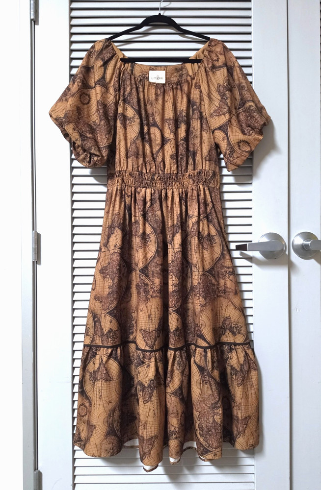 camel print bubble slev long maxi dress L