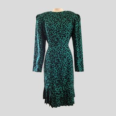 Vintage 1980s Green Black Silk Pleated Long Sleeve Polka Dot Dress Womens Size M