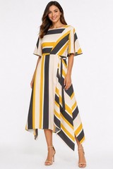 Luxology Yellow Gray Stripe Asymmetrical Maxi Dress L Flutter Sleeve Belted