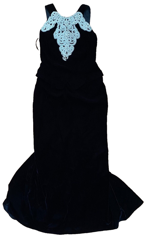 Jessica McClintock Black Velvet Faux Pearl Embellished Maxi Formal Dress 10 90&rsquo;s