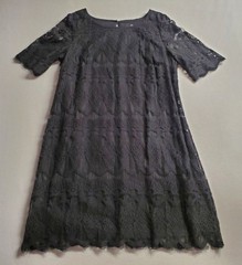 Ronni Nicole Dress Womens 14 Black Lace Overlay Lined Scalloped Hem Sheer Sleeve